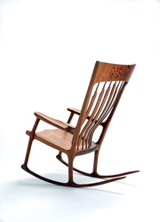 Lacewood rocking chair, rear quarter view.